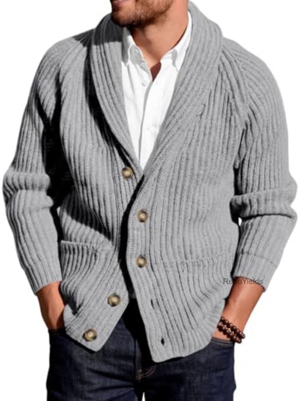Men's Cable Knit Shawl Collar Cardigan Sweater Full Zip with Pockets